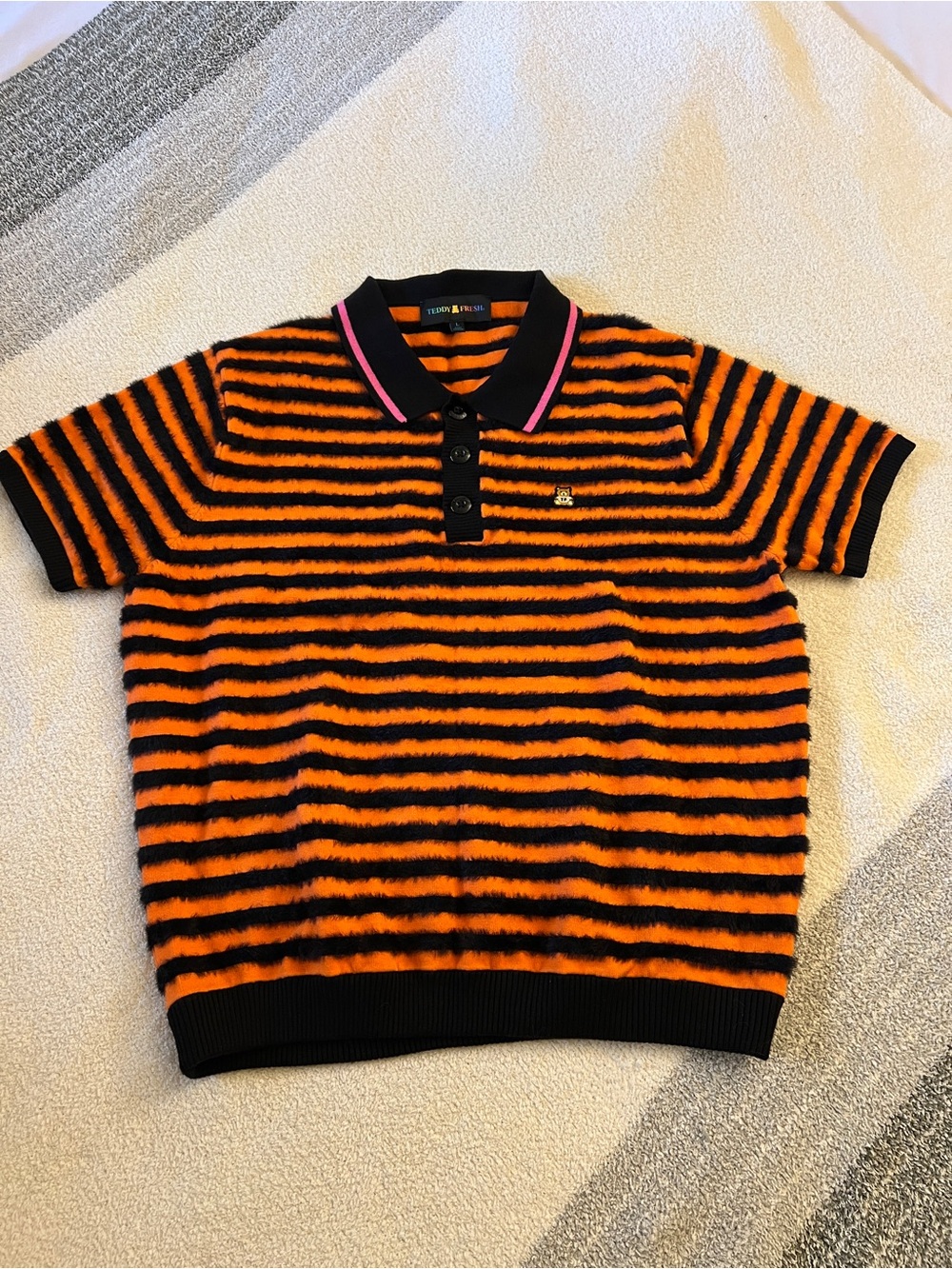 Teddy Fresh Fuzzy Stripe Knit Polo Orange Black Size L Bear